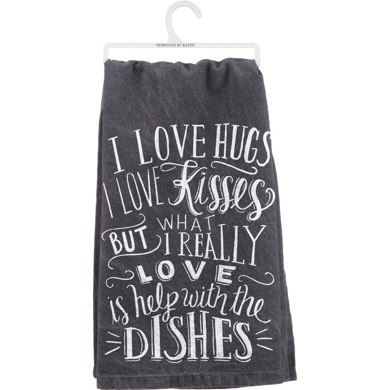 Primitives by Kathy I Love Hugs I Love Kisses Decorative Kitchen Towel, White/Black, 28" Square